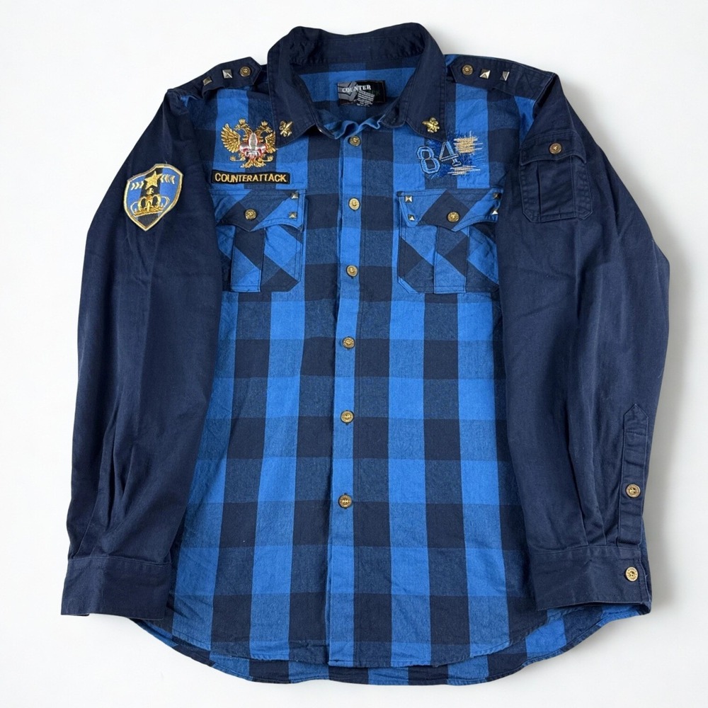 Military Patch Shirt Mens 2XL‎ Blue Black Plaid Studded Epaulet Embroidered